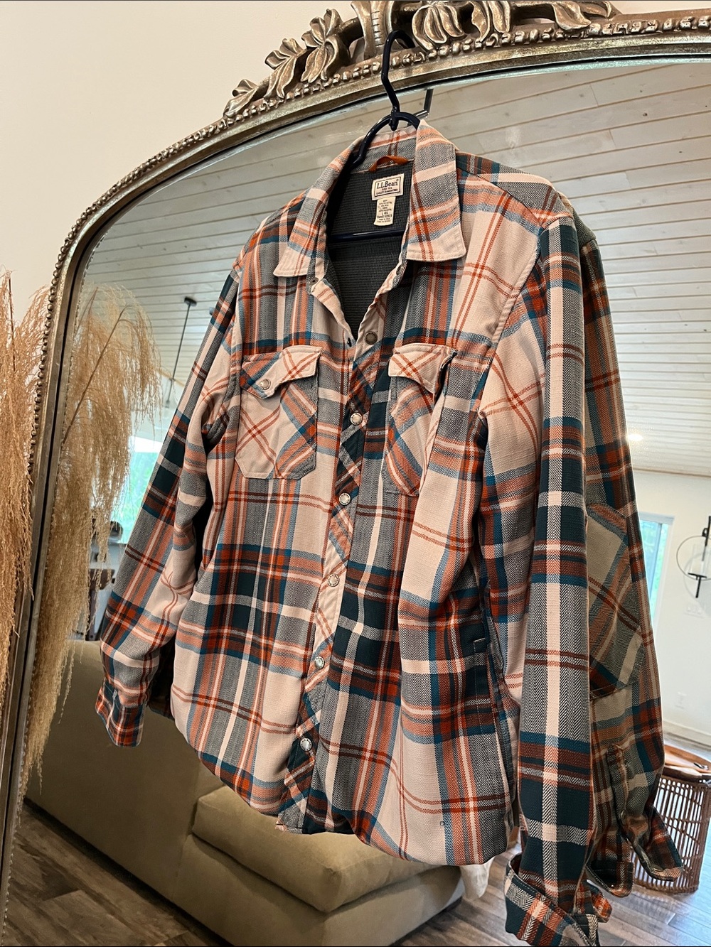 L.L. Bean women’s lined Plaid Button-Down Shirt in Cream, Teal & Orange.